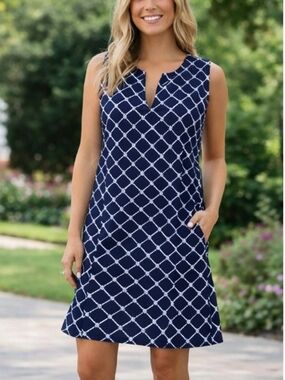 Lands’ End Navy Print Sleeveless Dress – Size M (10–12)